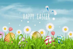 Colorful Easter eggs line pattern and spring flowers in grass with beautiful sky vector