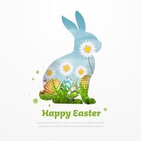 Colorful easter rabbit, grass, flowers and blue egg shape vector