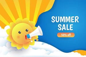 Hermoso sol con megáfono anuncio fondo de venta de verano