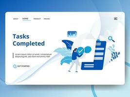 Tasks Completed Landing Page with Worker Holding Check Mark vector
