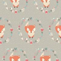 Seamless pattern with cute Christmas baby fox surrounded with floral decoration vector