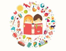 Imagination concept, boy and girl reading a book objects flying out vector