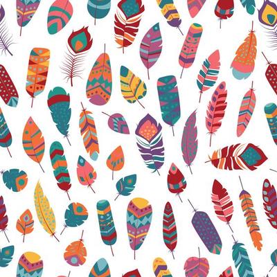 Seamless pattern with boho vintage tribal ethnic colorful vibrant feathers
