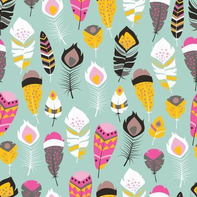 Seamless pattern with boho vintage bright feathers
