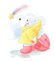 Cartoon polar bear in raincoat and rainbow vector