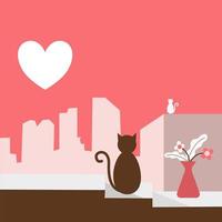 Two cats in city with heart shape moon vector