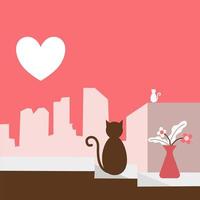 Dos gatos en la ciudad con luna en forma de corazón vector