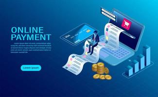 Online payment with computer landing page vector