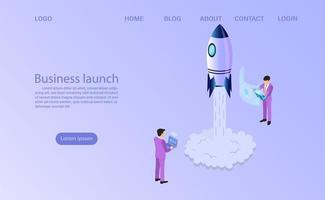 Start up launch landing page with rocket and business men