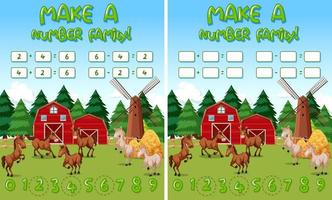 Farm math game template with horses and farm objects vector