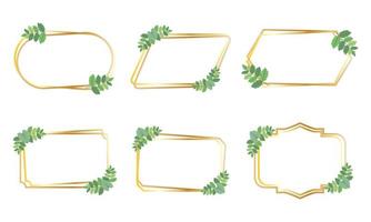 Collection of golden frames with green leaves set vector