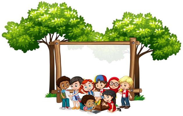 Banner Template with Kids Under Tree