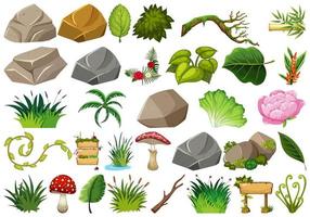 Conjunto de objetos aislados tema - rocas y plantas vector