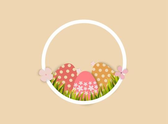 Easter eggs and grass in circle shape frame