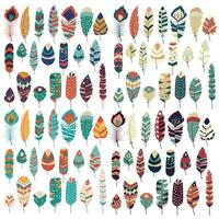 Collection of boho vintage tribal ethnic hand drawn colorful feathers