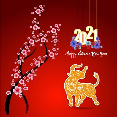 Chinese New Year 2021 Poster with Ox and Brush Stroke Branch