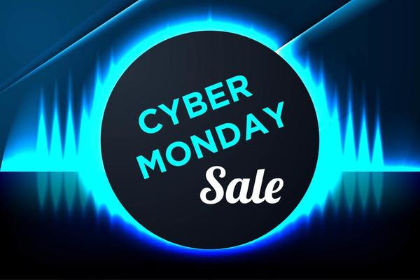 Blue Glowing Cyber Monday Banner with Circle Frame