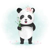Panda Holding Bamboo Hand Drawn Illustration vector