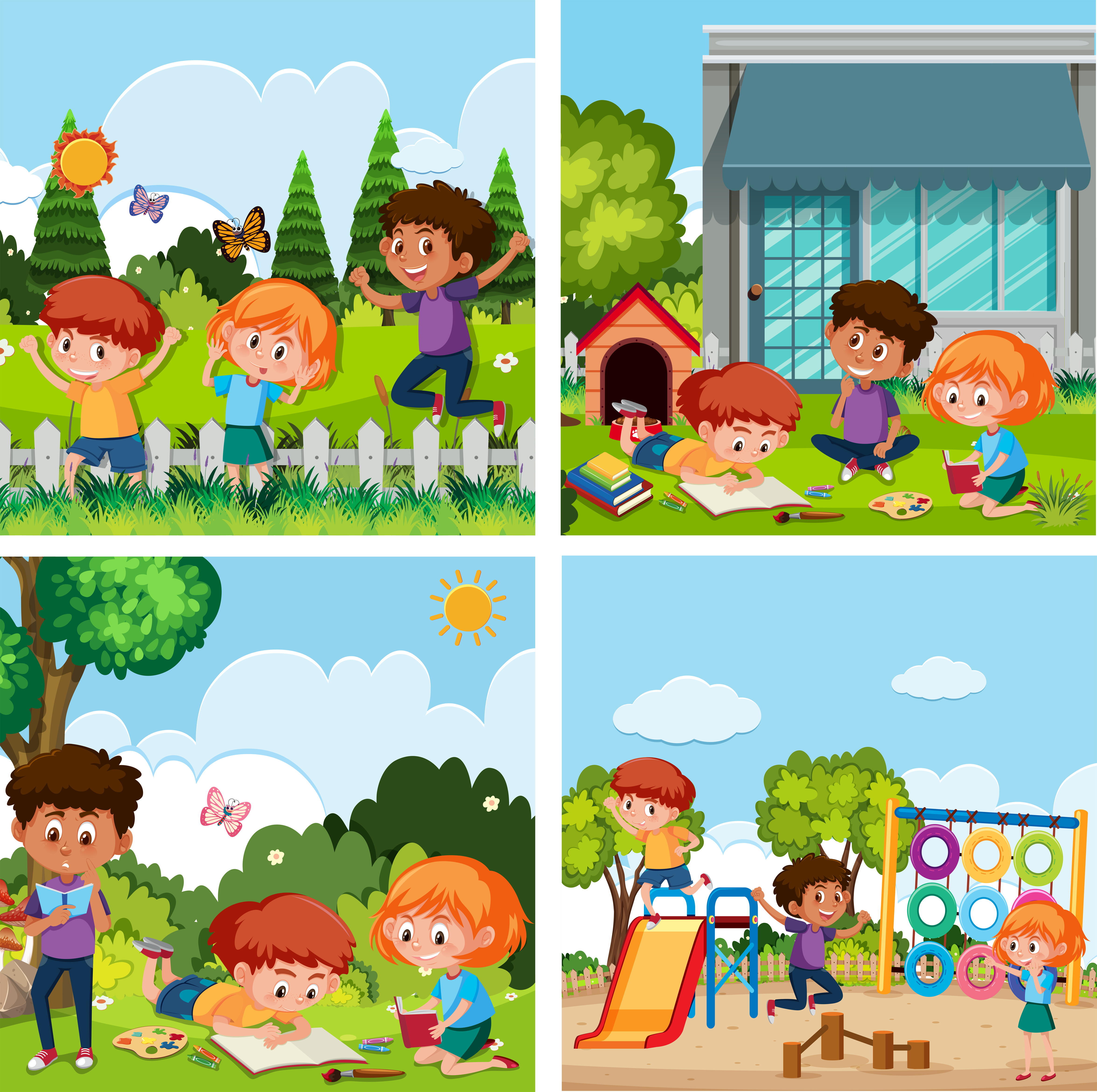Una Serie Di Bambini Che Giocano Al Parco Giochi Scarica Immagini Vettoriali Gratis Grafica Vettoriale E Disegno Modelli