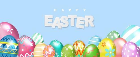 Happy Easter Blue Banner with Colorful Eggs vector