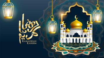 Ramadan Kareem design mosque with 3 hanging lanterns vector