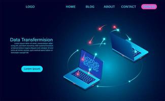 transmisión de datos e intercambio entre computadoras portátiles vector