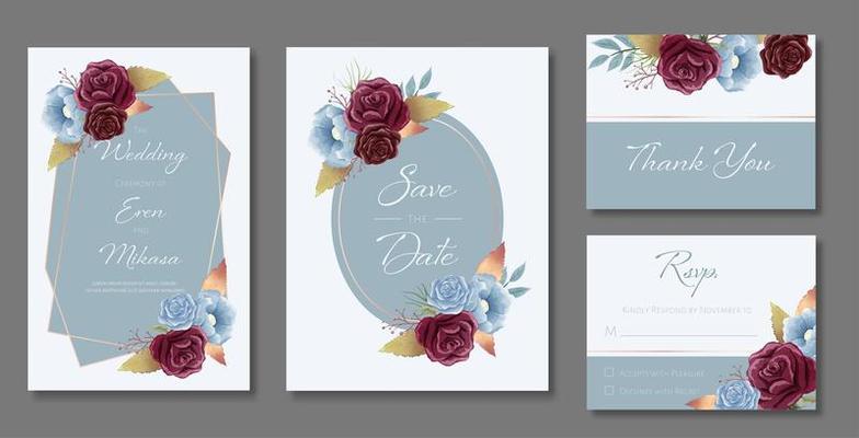 Watercolor Wedding Card Set in Blue with Roses