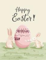 Tarjeta de Pascua acuarela con conejos pintando un huevo vector