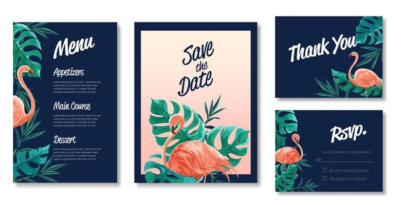 Wedding Card Set with Flamingo and Leaves