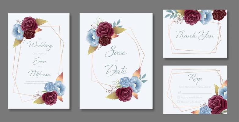 Watercolor Wedding Card Set with Roses and Frames