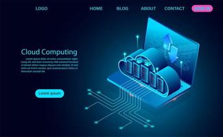 concepto de computación en la nube con servidores en la computadora portátil vector