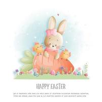 Easter card with bunny and chick on egg. vector