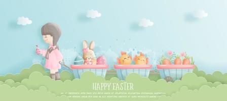 Happy Easter card with girl pulling wagon in garden vector