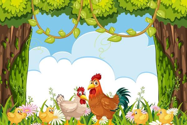 Cartoon Chickens and Flowers with Cloud Background