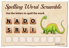 Spelling scramble game template with dinosaur vector