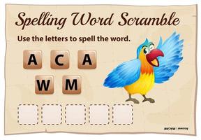 Spelling word scramble game with macaw  vector