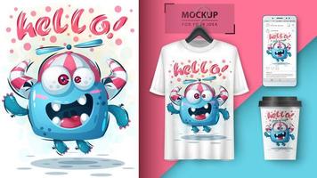 Silly Monster Hello Design with Mock up vector