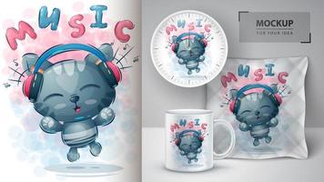Music cat poster and merchandising vector
