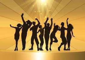 gente de fiesta bailando en un podio dorado vector