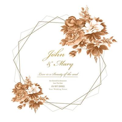 Wedding card with watercolor flowers and geometric frame