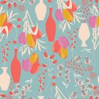 Seamless pattern with spring flowers, tulips, lilies and vases vector