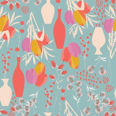 Seamless pattern with spring flowers, tulips, lilies and vases