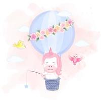 Unicorn on hot air balloon and birds vector