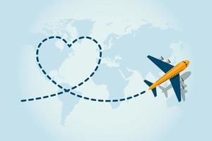 Airplane flying and leaving heart shape dashed line vector