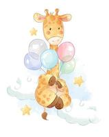 cartoon giraffe with colorful balloons vector