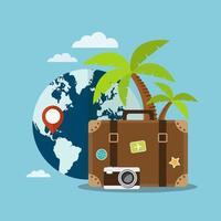 Suitcase in front of globe and trees vector