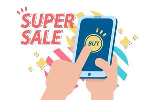 Super Sale Banner with Person Shopping on Phone vector