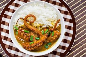 pulpo al curry con arroz y cebollino