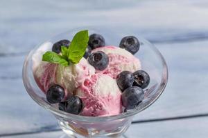 Bowl with blueberry ice cream and leaf mint