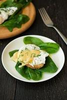 Poached egg on a piece of bread with spinach photo